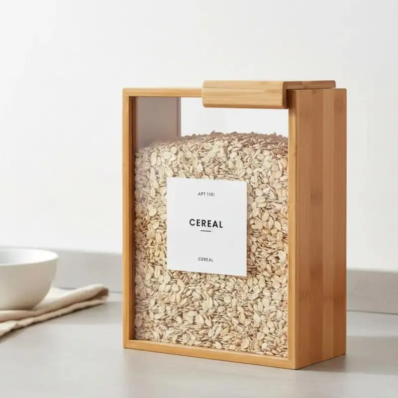 Wood pantry box with a clear sliding lid holding dry goods