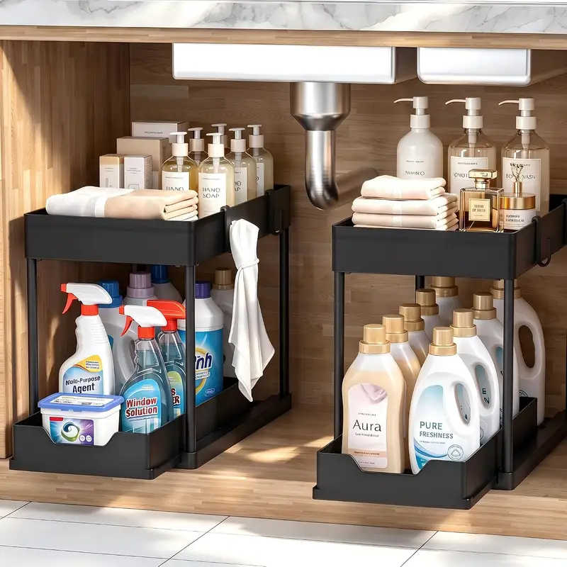 Black two-tier sliding organizer under a bathroom sink