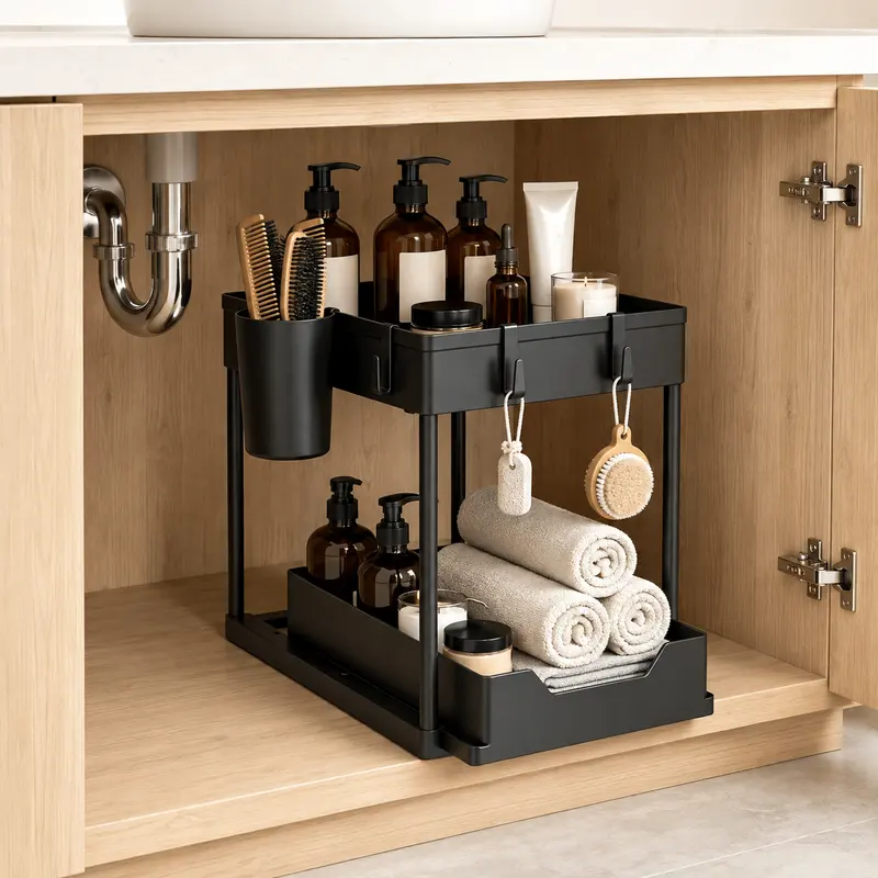 Black two-tier sliding organizer under a bathroom sink