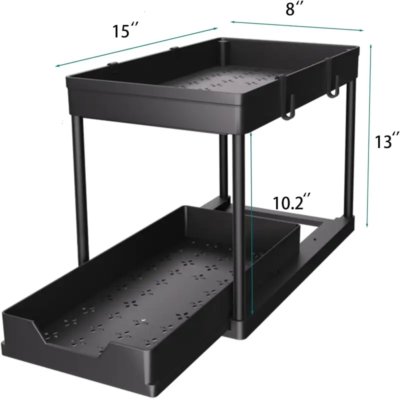 Black two-tier sliding organizer under a bathroom sink