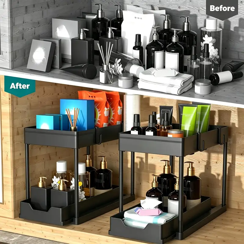 Black two-tier sliding organizer under a bathroom sink