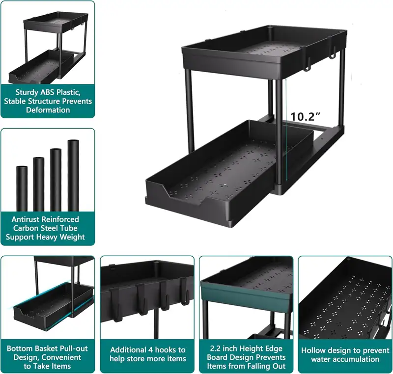 Black two-tier sliding organizer under a bathroom sink