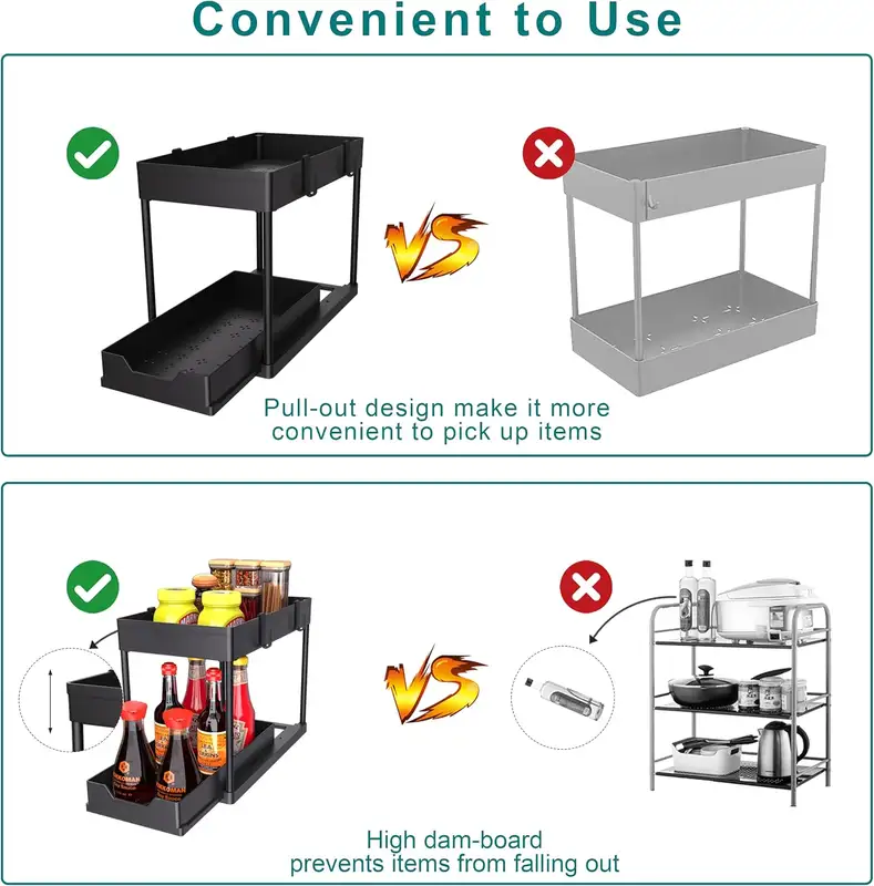 Black two-tier sliding organizer under a bathroom sink