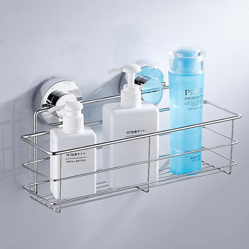 Stainless steel suction cup shelf on a shower wall