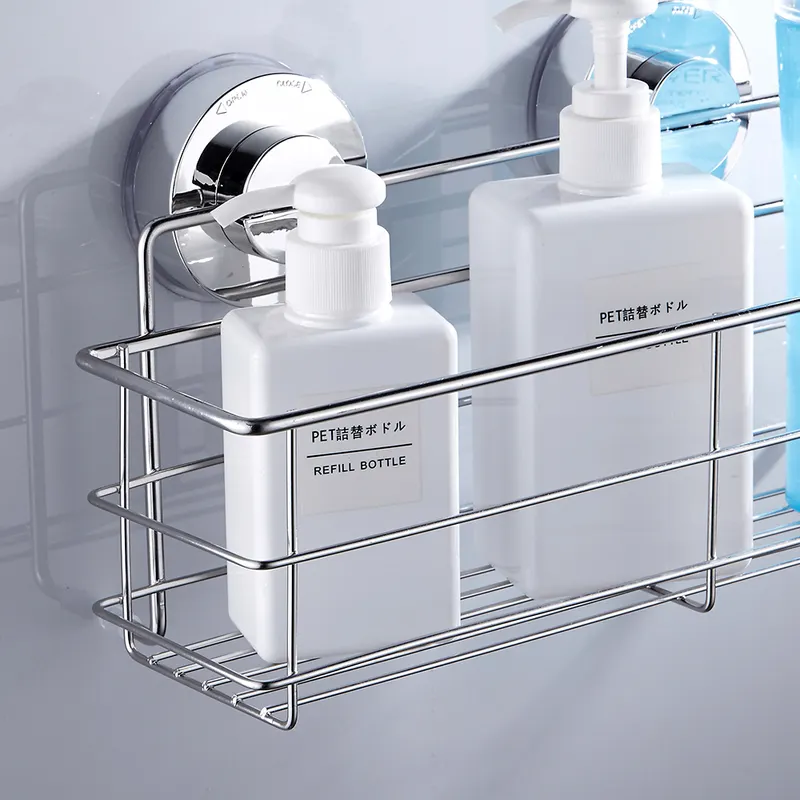 Stainless steel suction cup shelf on a shower wall