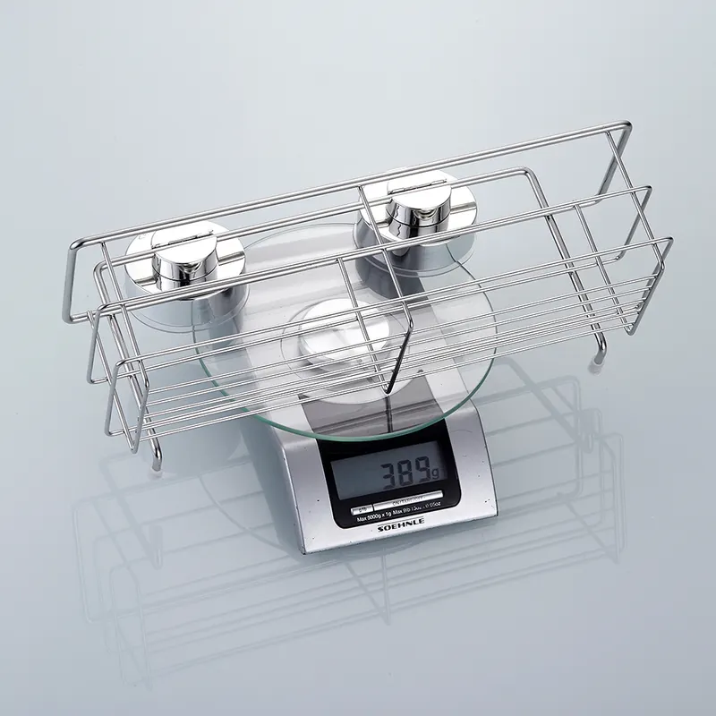 Stainless steel suction cup shelf on a shower wall