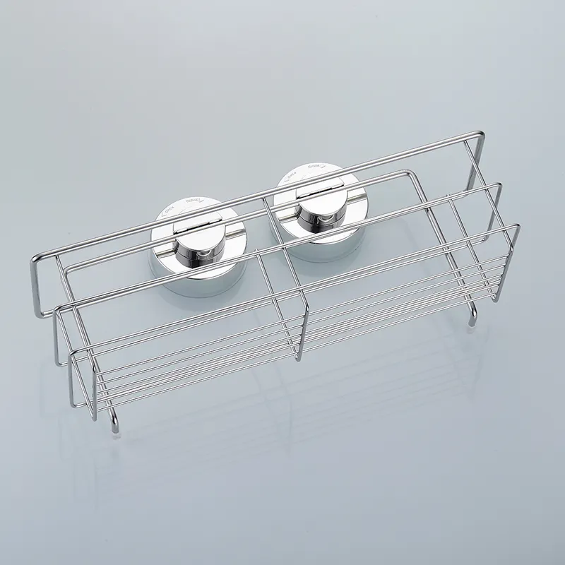 Stainless steel suction cup shelf on a shower wall