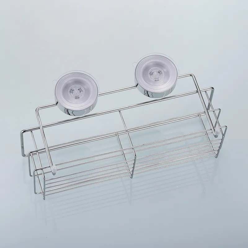 Stainless steel suction cup shelf on a shower wall