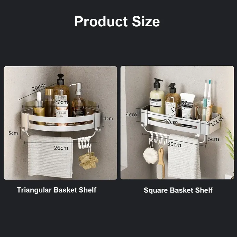 Square aluminum wall rack with shampoo in a bathroom