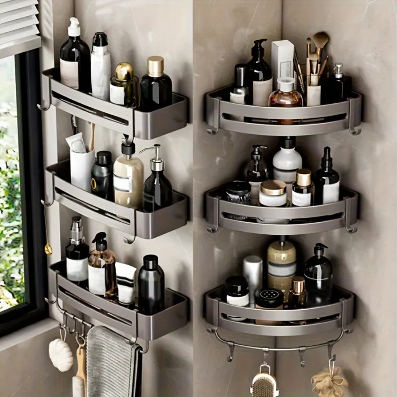 Square aluminum wall rack with shampoo in a bathroom