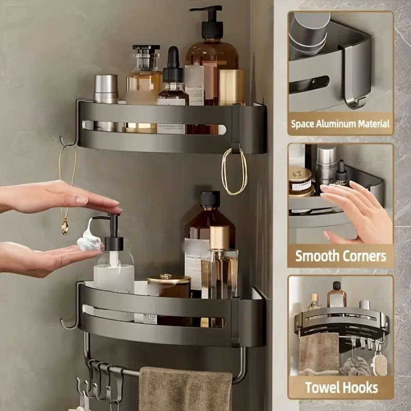 Square aluminum wall rack with shampoo in a bathroom