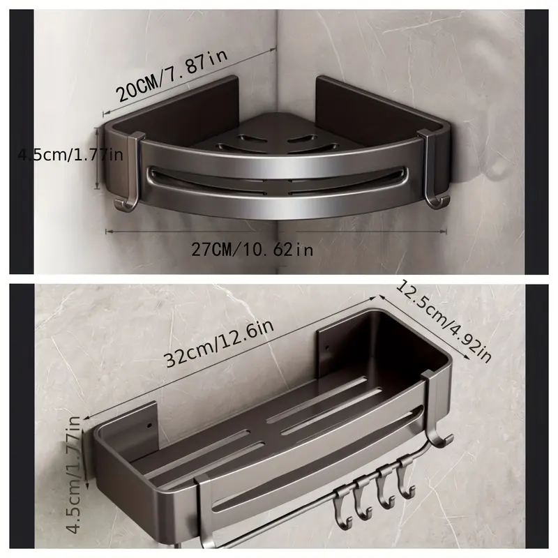 Square aluminum wall rack with shampoo in a bathroom