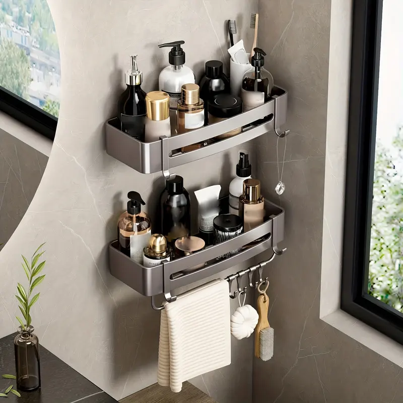 Square aluminum wall rack with shampoo in a bathroom