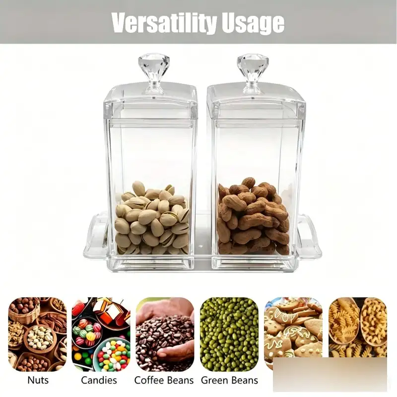 Two clear square acrylic canisters stacked with snacks inside