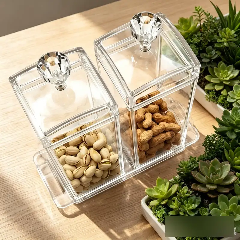 Two clear square acrylic canisters stacked with snacks inside