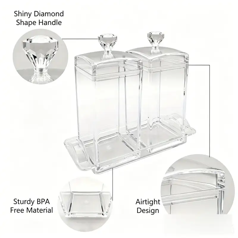 Two clear square acrylic canisters stacked with snacks inside