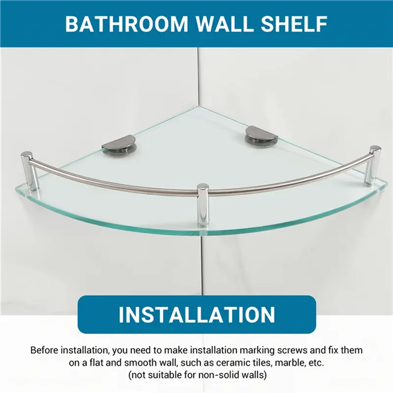 Clear triangle glass corner shelf on a bathroom wall