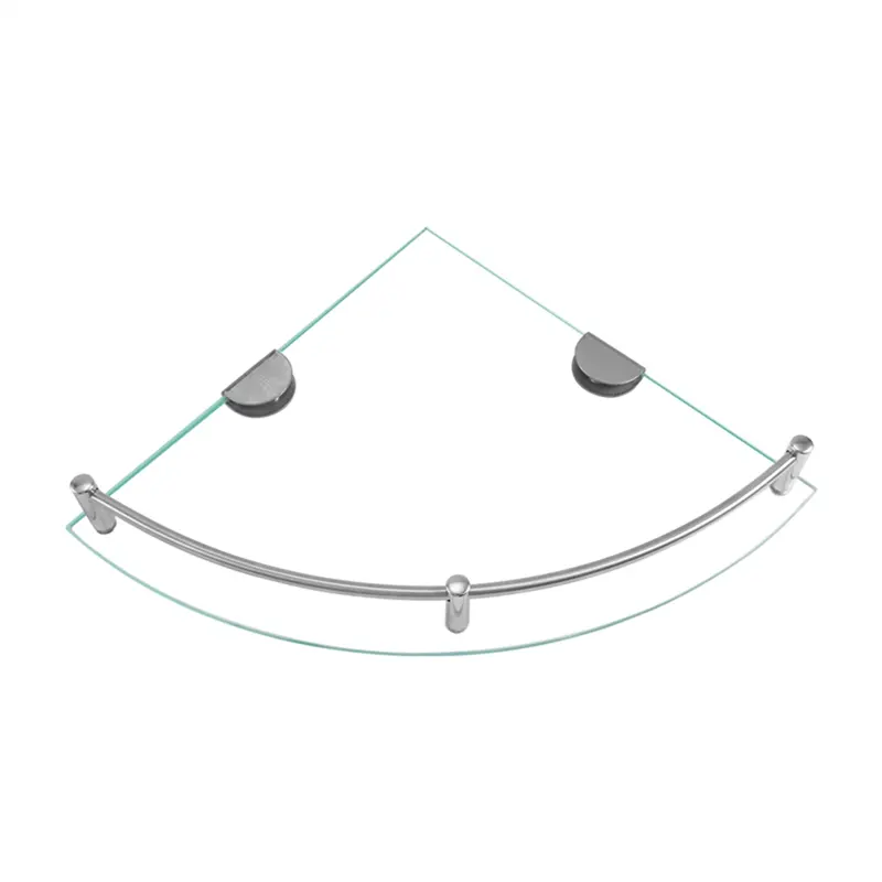 Clear triangle glass corner shelf on a bathroom wall