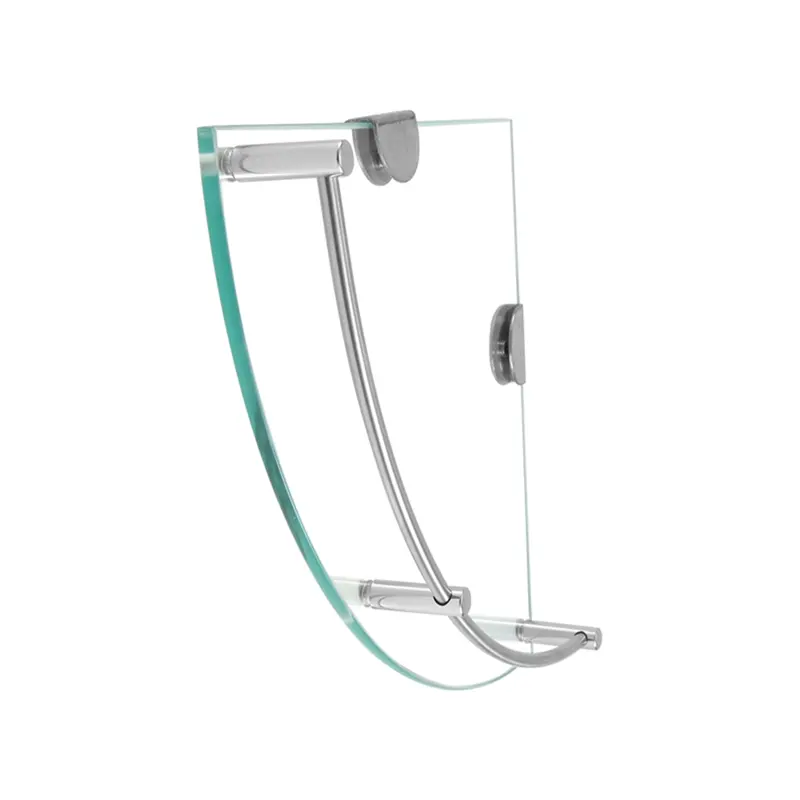 Clear triangle glass corner shelf on a bathroom wall