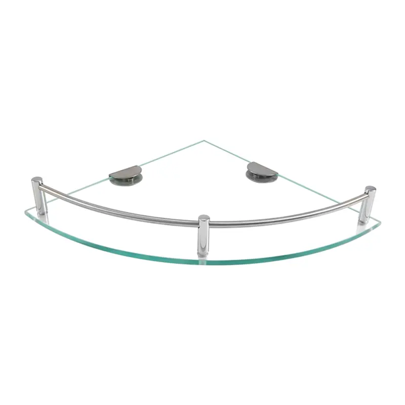 Clear triangle glass corner shelf on a bathroom wall
