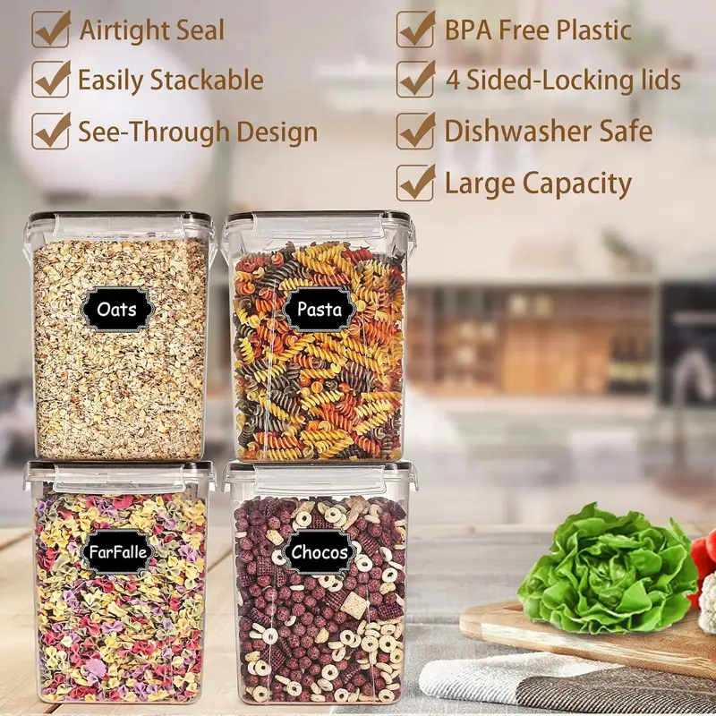 Four large rectangular plastic food storage bins with labels