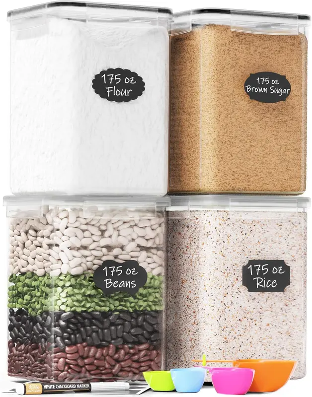 Four large rectangular plastic food storage bins with labels