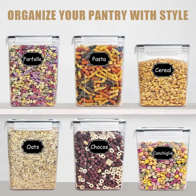 Four large rectangular plastic food storage bins with labels
