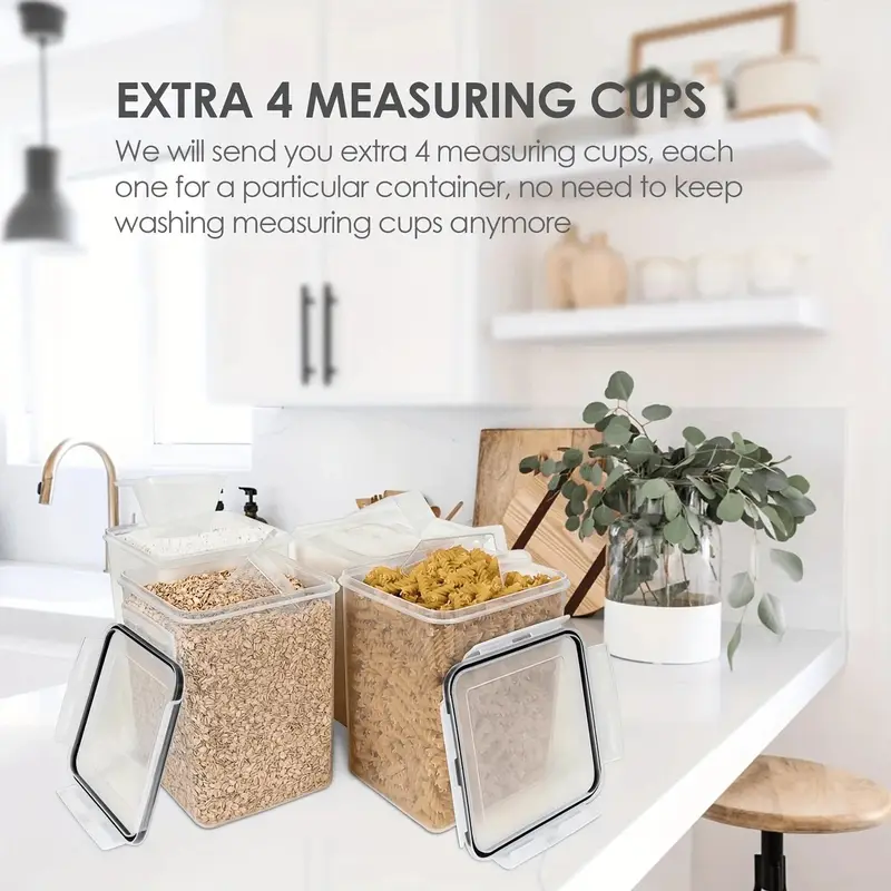 Four large rectangular plastic food storage bins with labels