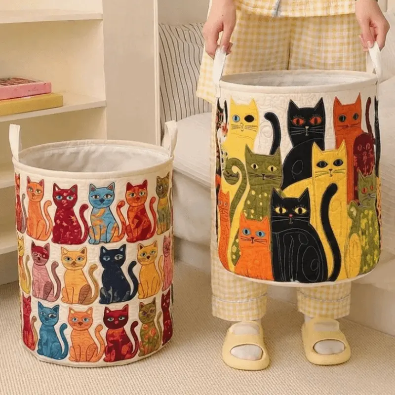 Quilted boho fabric laundry basket with handles