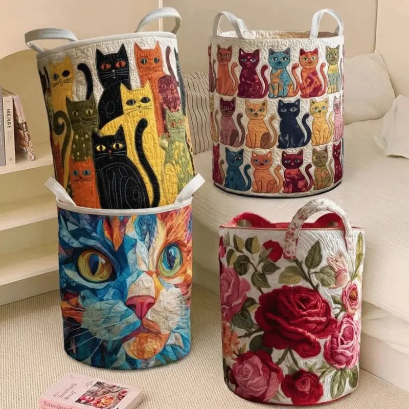 Quilted boho fabric laundry basket with handles