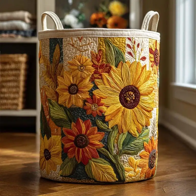 Quilted boho fabric laundry basket with handles