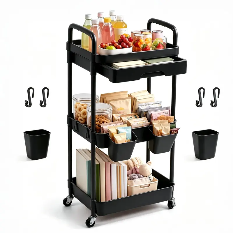 Black three-tier rolling cart with a drawer and hanging cups