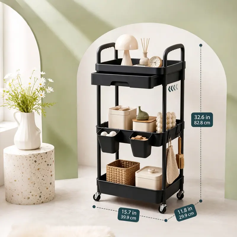 Black three-tier rolling cart with a drawer and hanging cups