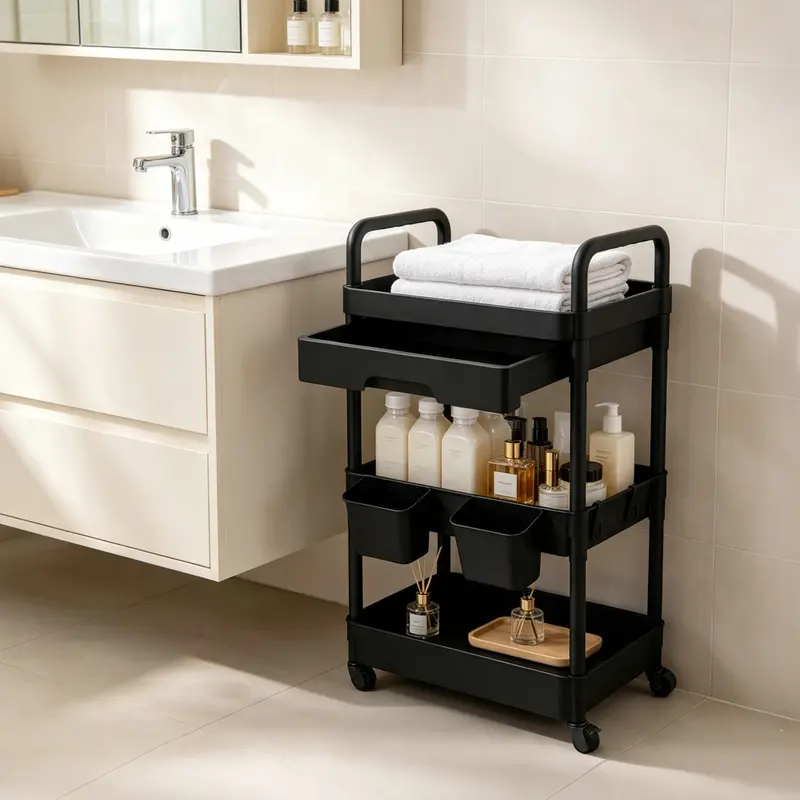 Black three-tier rolling cart with a drawer and hanging cups