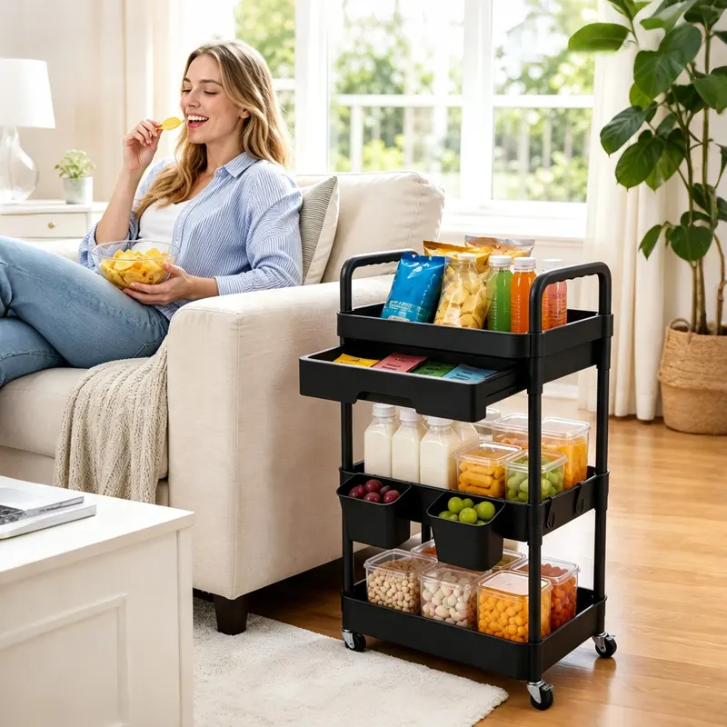 Black three-tier rolling cart with a drawer and hanging cups