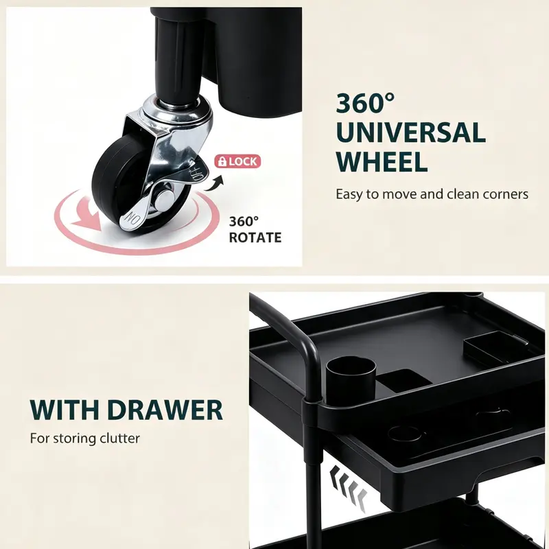 Black three-tier rolling cart with a drawer and hanging cups