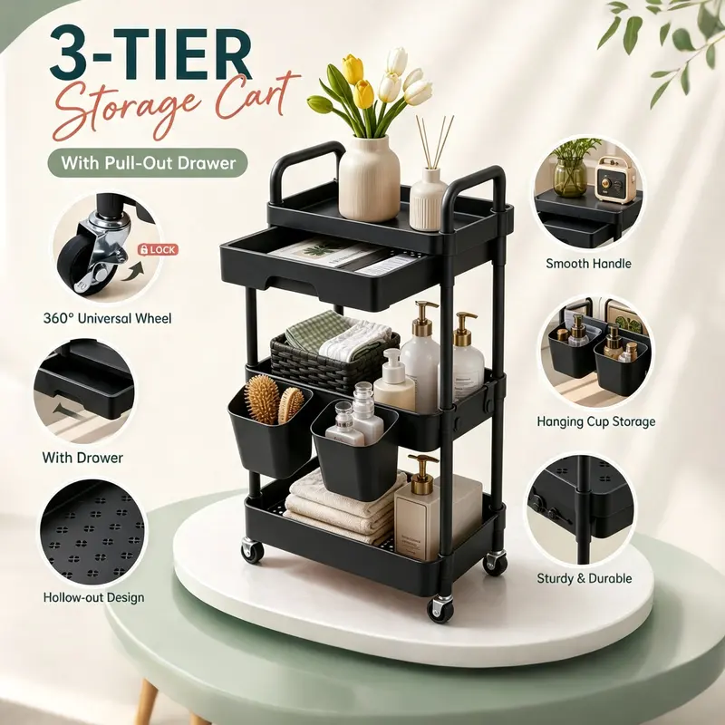 Black three-tier rolling cart with a drawer and hanging cups