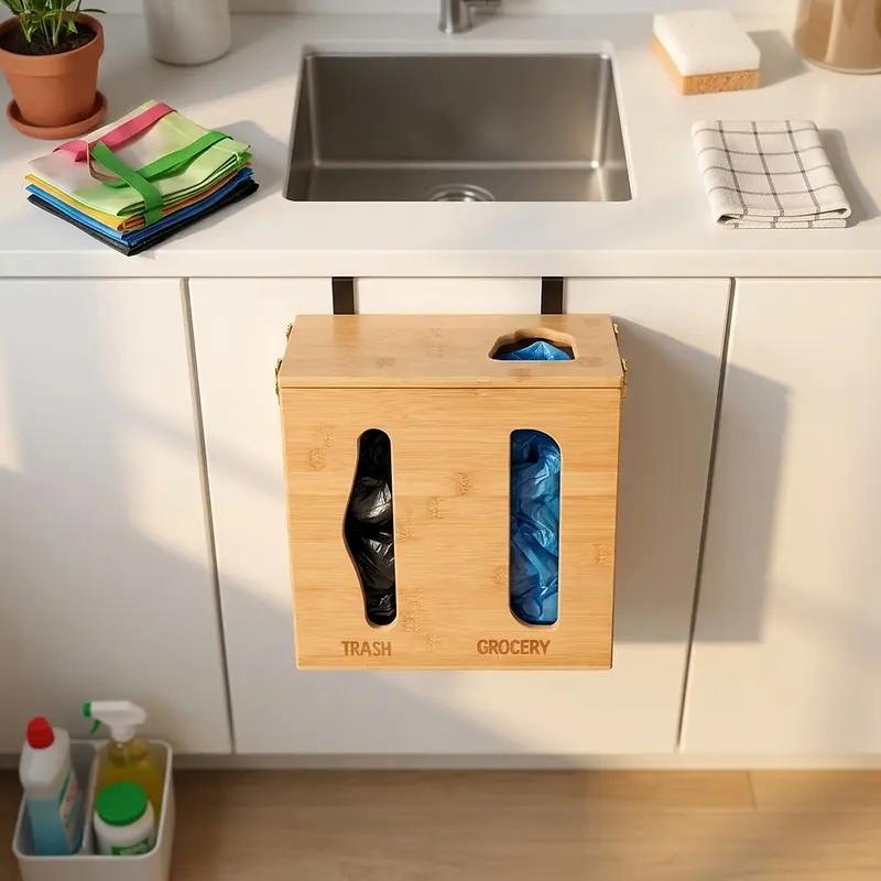 Bamboo trash bag dispenser hanging on a cabinet door