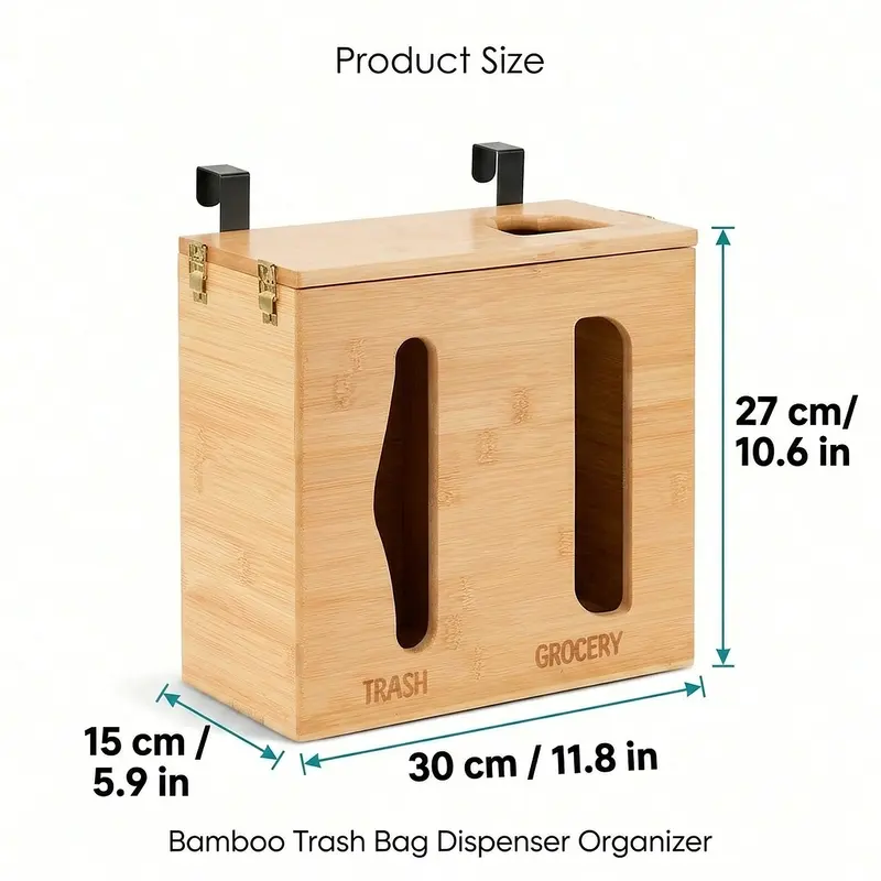 Bamboo trash bag dispenser hanging on a cabinet door