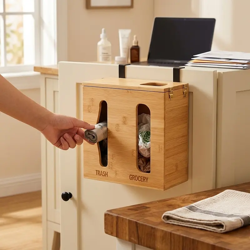 Bamboo trash bag dispenser hanging on a cabinet door