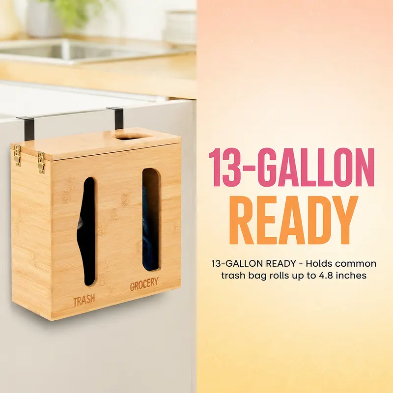 Bamboo trash bag dispenser hanging on a cabinet door