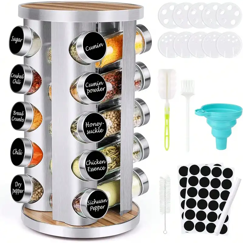 Revolving spice rack tower with jars on a kitchen counter