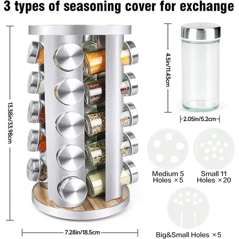 Revolving spice rack tower with jars on a kitchen counter