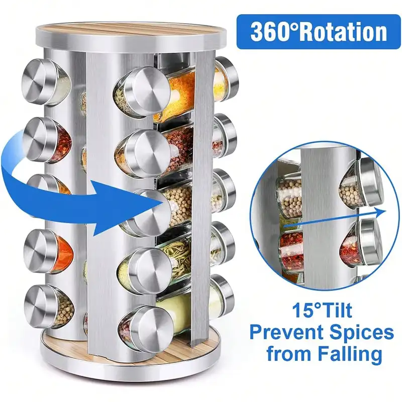 Revolving spice rack tower with jars on a kitchen counter