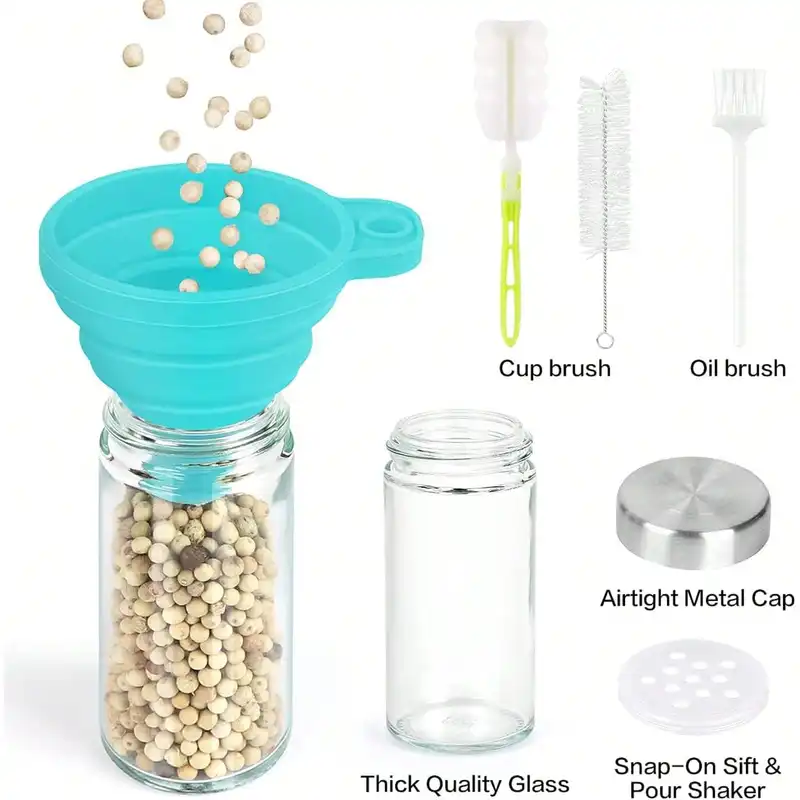 Revolving spice rack tower with jars on a kitchen counter
