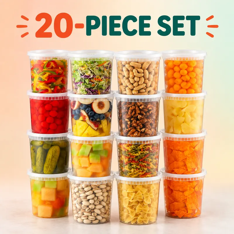 Stack of clear 32 oz deli containers with white lids