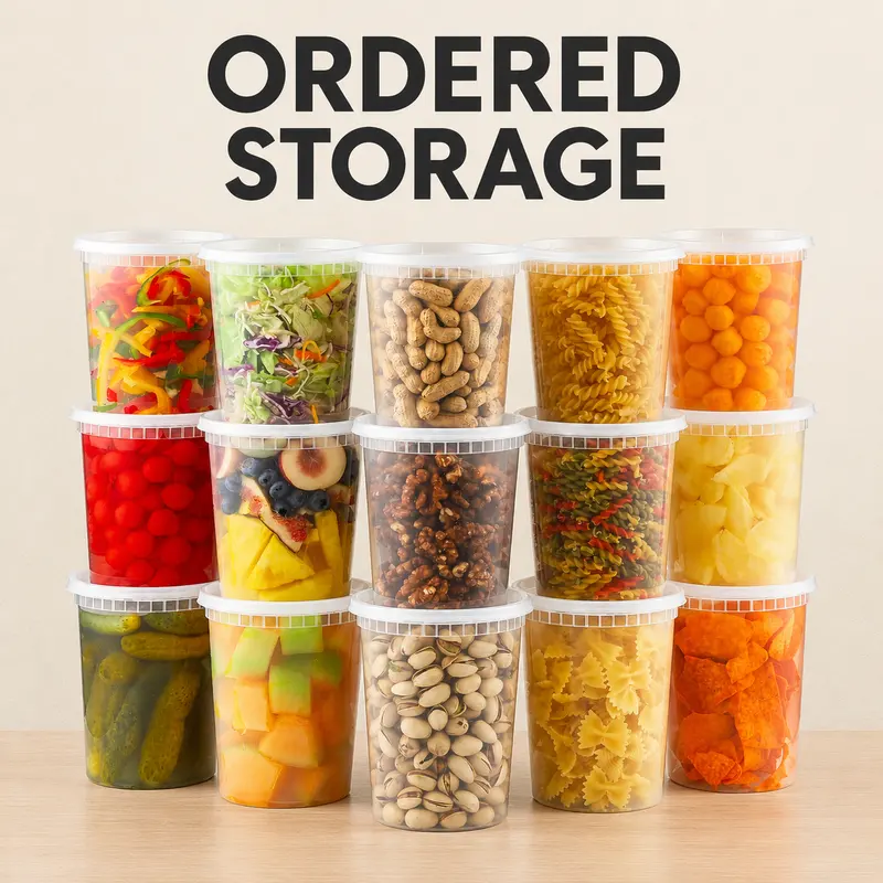 Stack of clear 32 oz deli containers with white lids