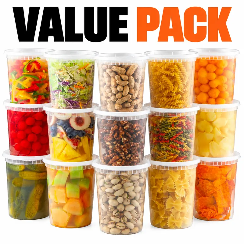 Stack of clear 32 oz deli containers with white lids
