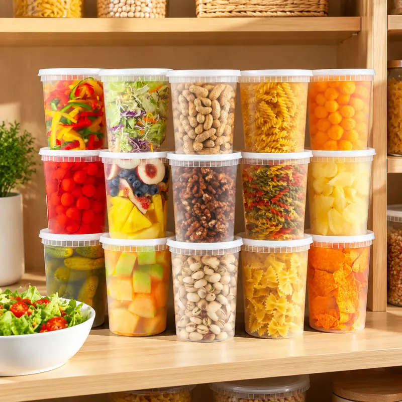Stack of clear 32 oz deli containers with white lids