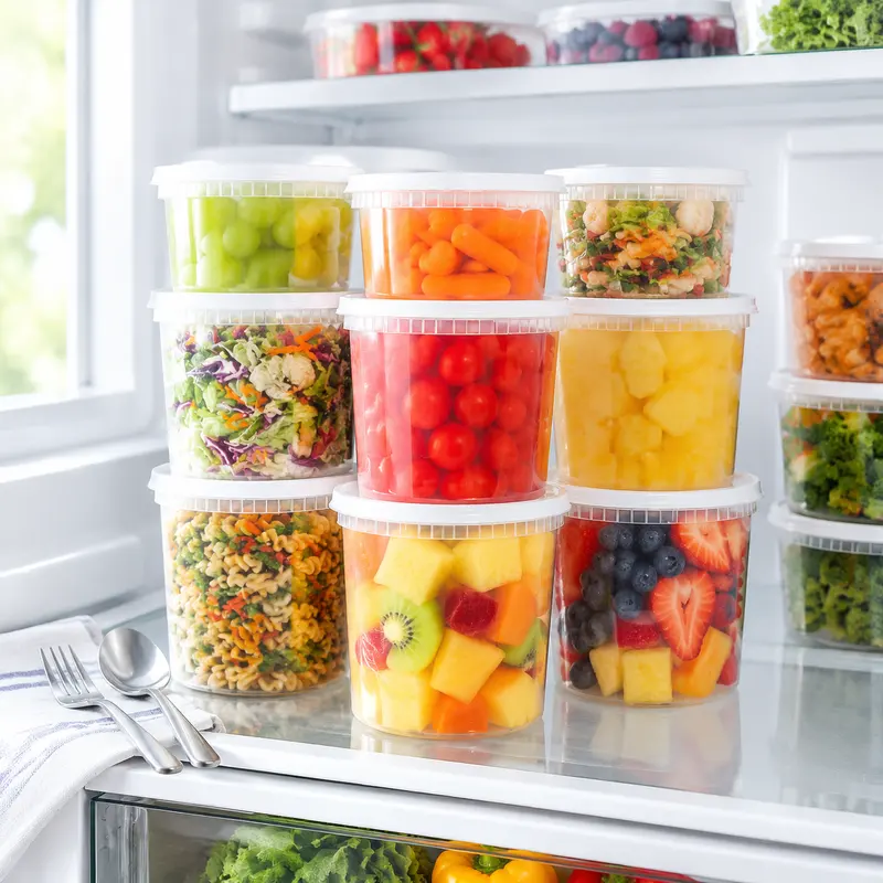 Stack of clear 32 oz deli containers with white lids